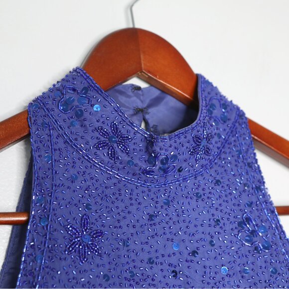 Avanti Silk Beaded Sequin Long Evening Gown Halter Formal Dress Royal Blue Party - Picture 8 of 16